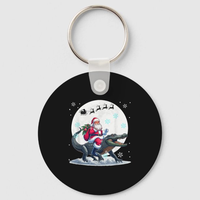 Santa Riding Alligator Christmas Moon Matching Kid Keychain (Front)