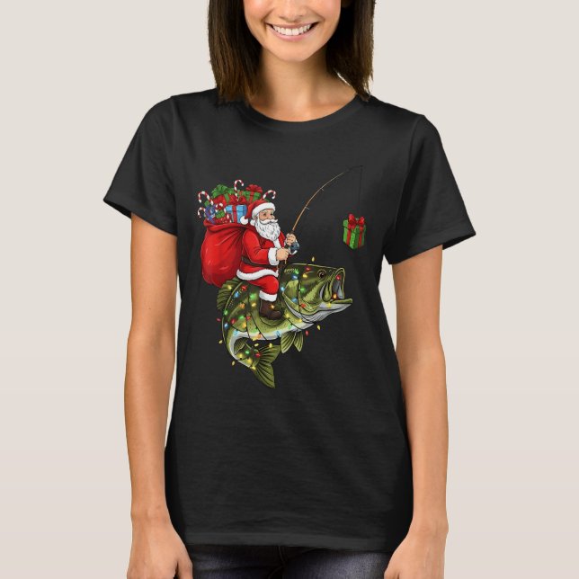 Santa Riding B Fish Christmas Fishing Funny Xmas P T-Shirt (Front)