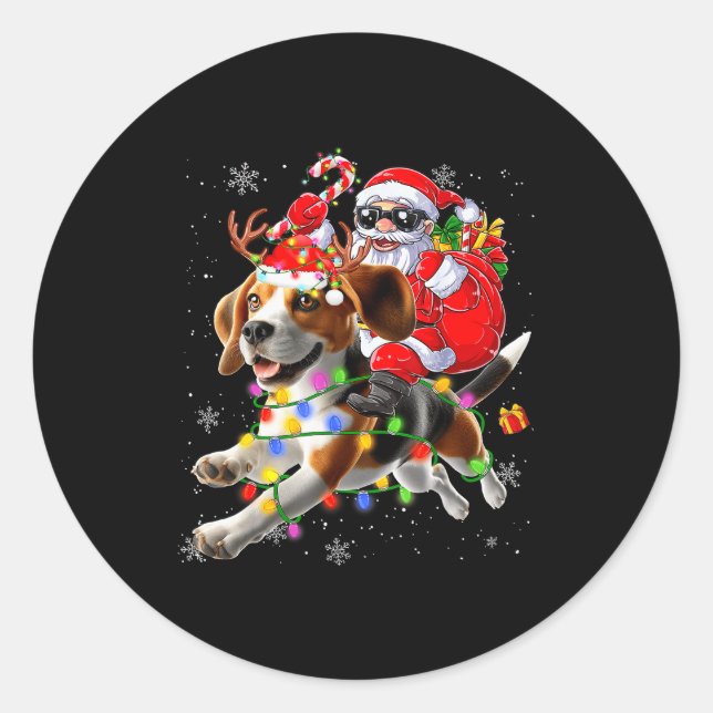 Santa Riding Beagle Christmas Lights Funny Dog Xma Classic Round Sticker (Front)