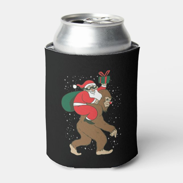 Santa Riding Bigfoot Funny Yeti Christmas design Can Cooler (Can Front)