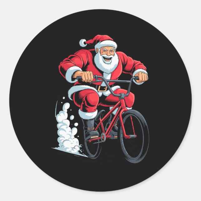 Santa Riding Bmx Lover Funny Holiday Christmas Xma Classic Round Sticker (Front)