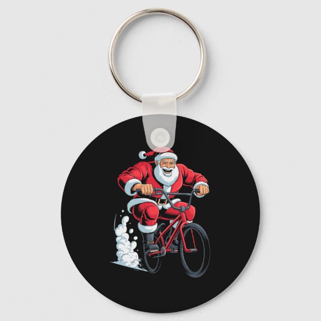 Santa Riding Bmx Lover Funny Holiday Christmas Xma Keychain (Front)