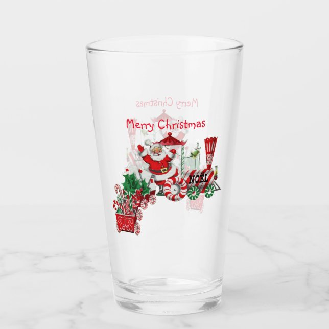 Santa Riding Christmas Train Peppermint Wheels Glass (Front)
