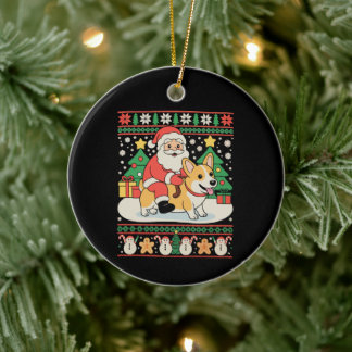 Santa Riding Corgi Dog Ugly Christmas Xmas Holiday Ceramic Ornament