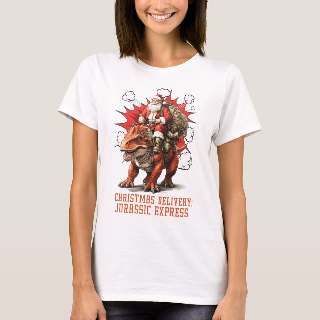 Santa Riding Dino Women White T-Shirt (Front)