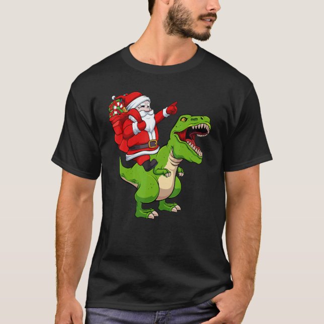 Santa Riding Dinosaur Christmas Pajama Cool Rex X  T-Shirt (Front)