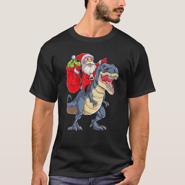 Santa Riding Dinosaur Rex Christmas Boys Men Xmas  T-Shirt (Front)