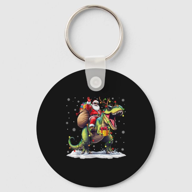 Santa Riding Dinosaur T Rex Christmas Boys Men Xma Keychain (Front)