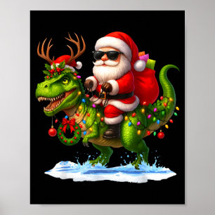 Santa Riding Dinosaur T Rex Christmas Boys Men Xma Poster