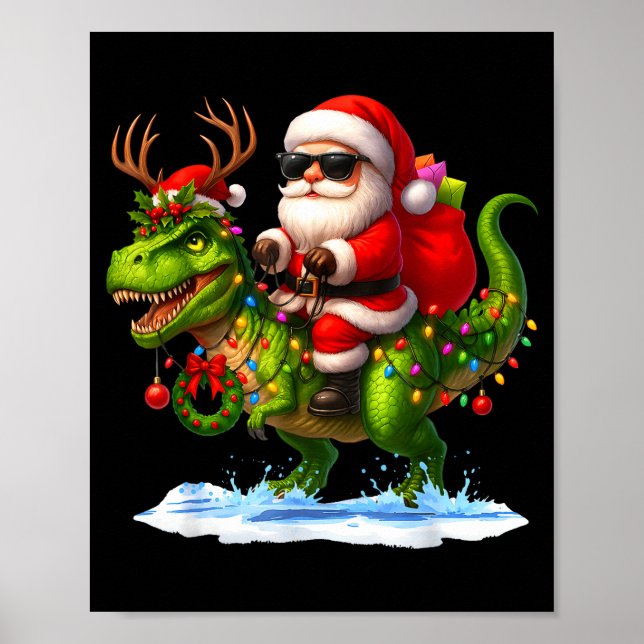 Santa Riding Dinosaur T Rex Christmas Boys Men Xma Poster (Front)