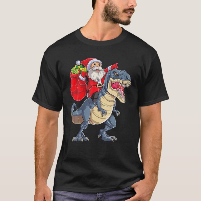Santa Riding Dinosaur T Rex Christmas Boys Men Xma T-Shirt (Front)