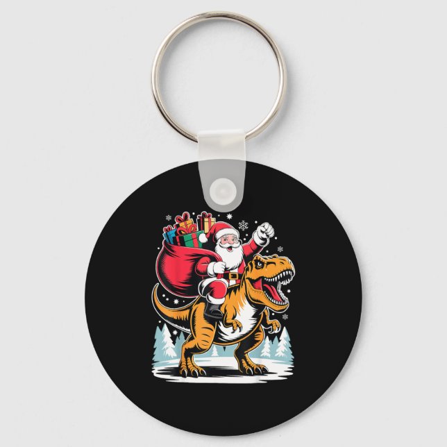 Santa Riding Dinosaur T Rex Christmas Boys Xmas  Keychain (Front)