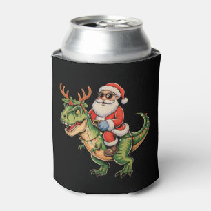 Santa Riding Dinosaur T Rex Christmas Retro Xmas Can Cooler
