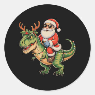 Santa Riding Dinosaur T Rex Christmas Retro Xmas Classic Round Sticker