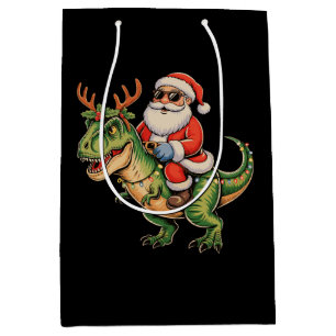 Santa Riding Dinosaur T Rex Christmas Retro Xmas Medium Gift Bag