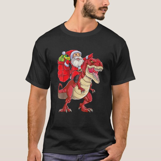 Santa Riding Dinosaur T Rex Christmas Tee (Front)