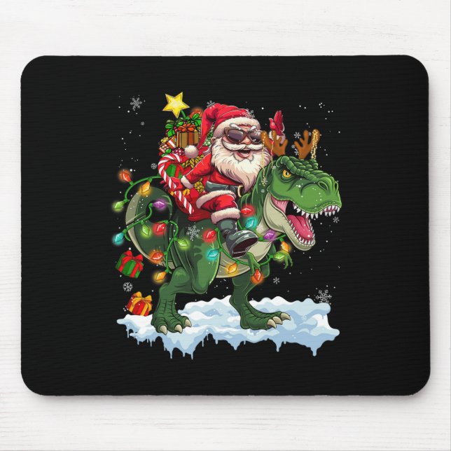 Santa Riding Dinosaur T Rex Christmas Tree Lights  Mouse Pad (Front)