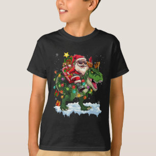 Santa Riding Dinosaur T Rex Christmas Tree Lights  T-Shirt