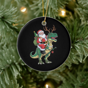 Santa Riding Dinosaur T-Rex Christmas Xmas Squad Ceramic Ornament