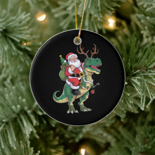 Santa Riding Dinosaur T-Rex Christmas Xmas Squad Ceramic Ornament (Tree)