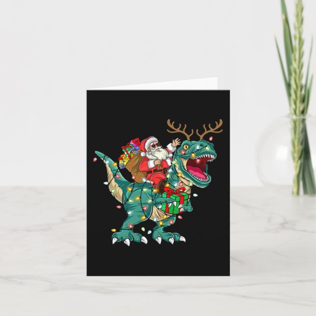 Santa Riding Dinosaur T rex Deer Kids Boys Men Chr Card (Front)