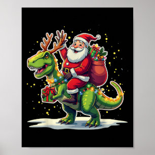 Santa Riding Dinosaur T Rex Deer Xmas Lights Pajam Poster