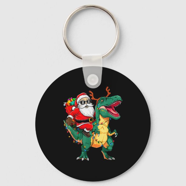 Santa Riding Dinosaur T Rex Funny Christmas Kids B Keychain (Front)