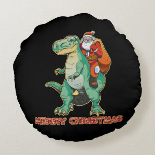 Santa Riding Dinosaur, Trex Santa, Christmas Dino Round Pillow
