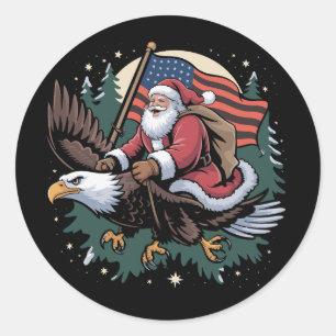 Santa Riding Eagle USA Flag Christmas  Classic Round Sticker