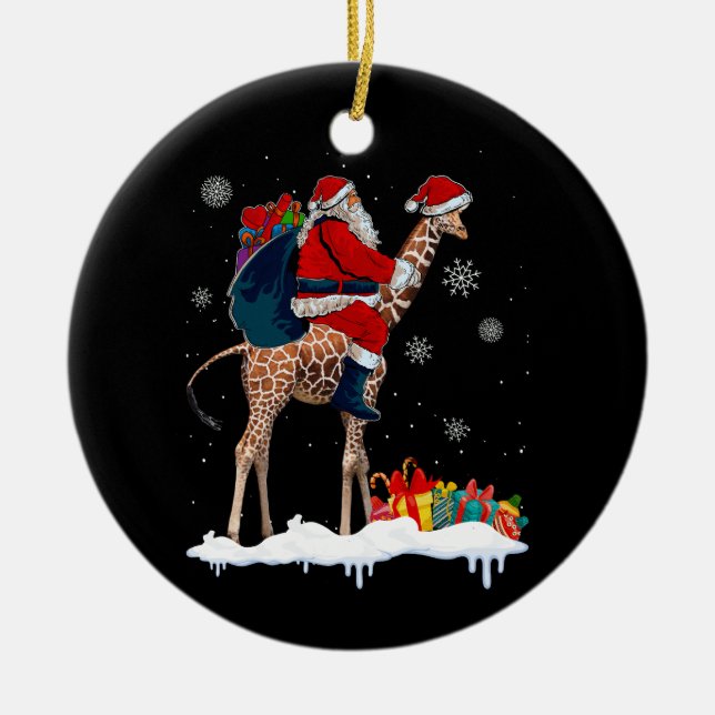 Santa Riding Giraffe Christmas Pajama Santa Lover  Ceramic Ornament (Front)