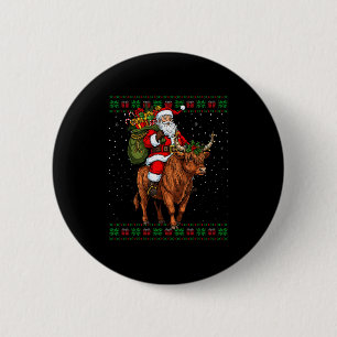 Santa Riding Highland Cow Ugly Christmas Sweater 2 Inch Round Button