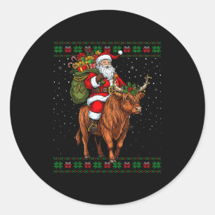 Santa Riding Highland Cow Ugly Christmas Sweater  Classic Round Sticker