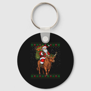 Santa Riding Highland Cow Ugly Christmas Sweater Keychain