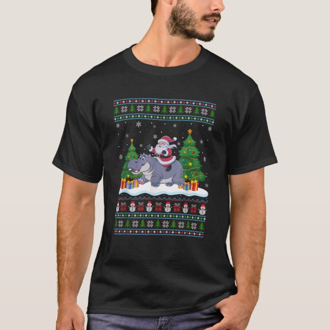 Santa Riding Hippo Tree Lights Ugly Christmas Swea T-Shirt (Front)