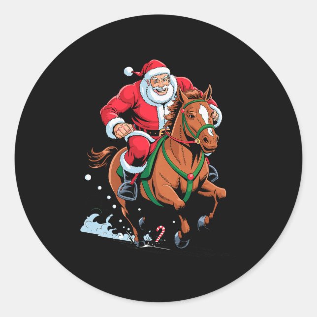 Santa Riding Horse Funny Equestrian Christmas Xmas Classic Round Sticker (Front)