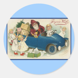 Santa Riding in a Car - Joyeaux Noel Classic Round Sticker