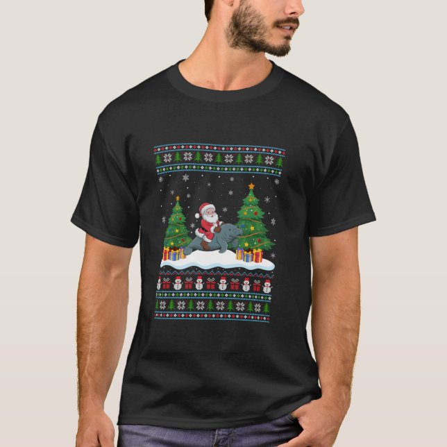 Santa Riding Manatee Tree Lights Ugly Christmas Sw T-Shirt (Front)