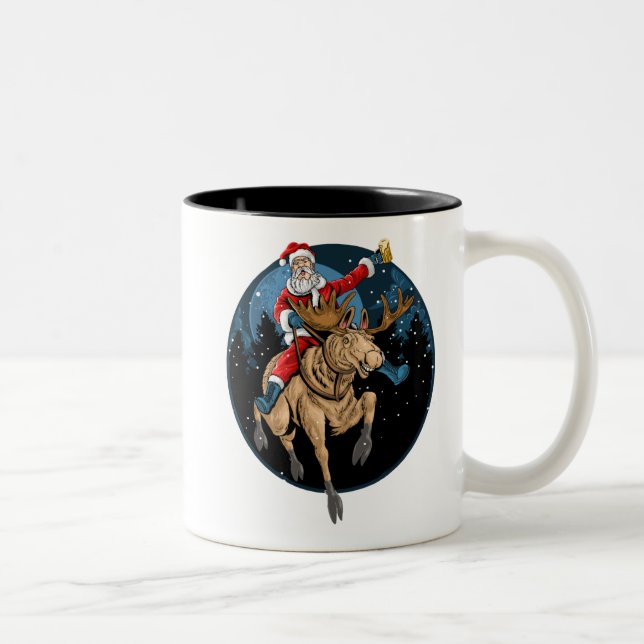 Santa Riding Moose Drinking Beer Two-Tone Coffee Mug (Right)