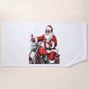 Santa Riding Motorcycle Beach Towel