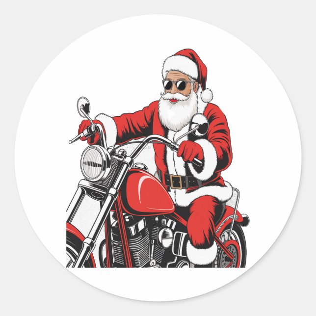 Santa Riding Motorcycle Classic Round Sticker (Front)