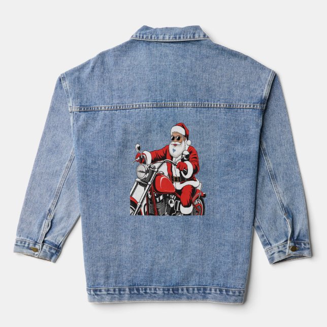 Santa Riding Motorcycle Denim Jacket (Back)