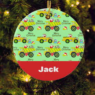 Santa Riding On Dump Truck And Bulldozer Green Ceramic Ornament