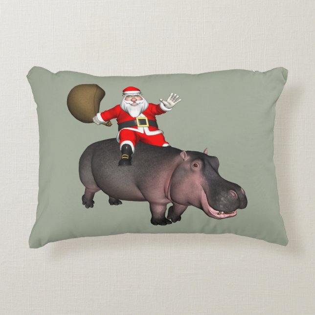 Santa Riding On Hippo Accent Pillow (Front)