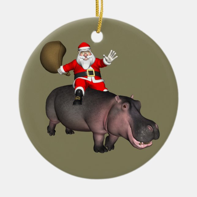 Santa Riding On Hippo Ceramic Ornament (Front)