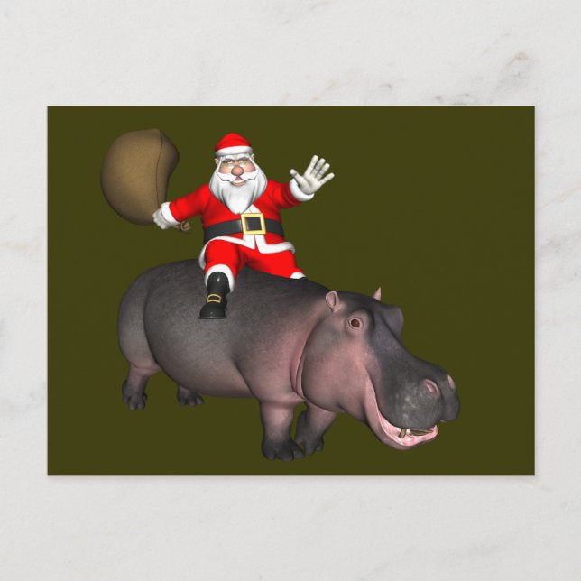 Santa Riding On Hippo Holiday Postcard (Front)