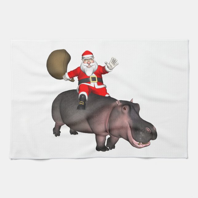 Santa Riding On Hippo Kitchen Towel (Horizontal)
