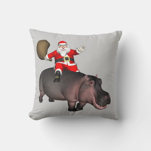 Santa Riding On Hippo Throw Pillow (Front)