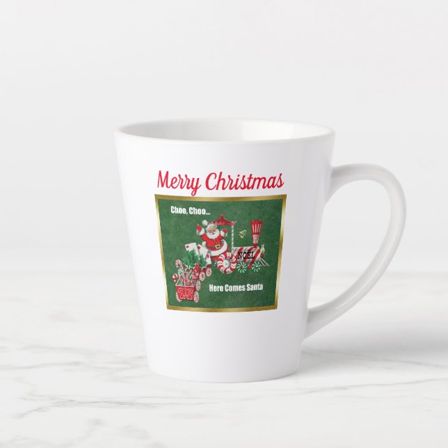 Santa Riding Peppermint Candy Train Green Gold Latte Mug (Right)