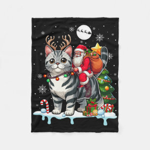 Santa Riding Reindeer American Shorthair Xmas Tree Fleece Blanket