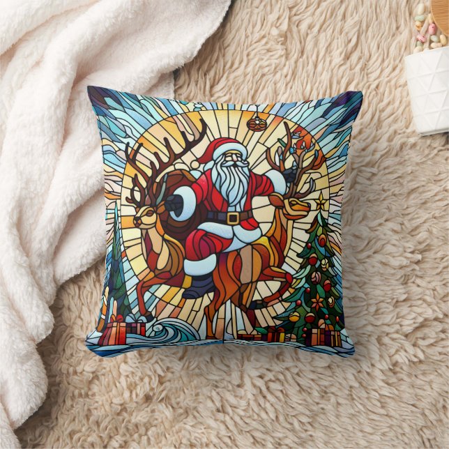 Santa riding reindeer among festive decorated tree throw pillow (Blanket)